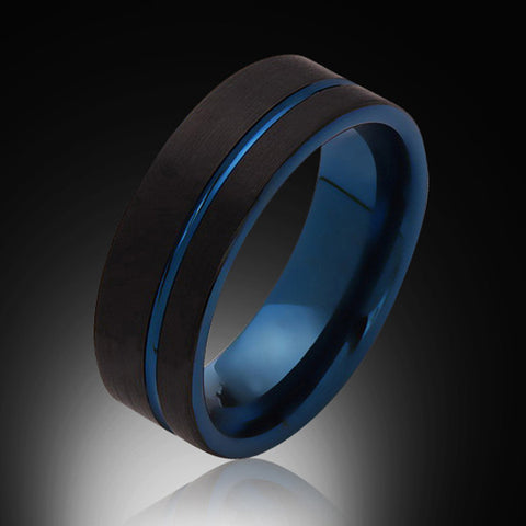 Blue Tungsten Ring - Brushed Black - Offset Groove - Engagement Band ...